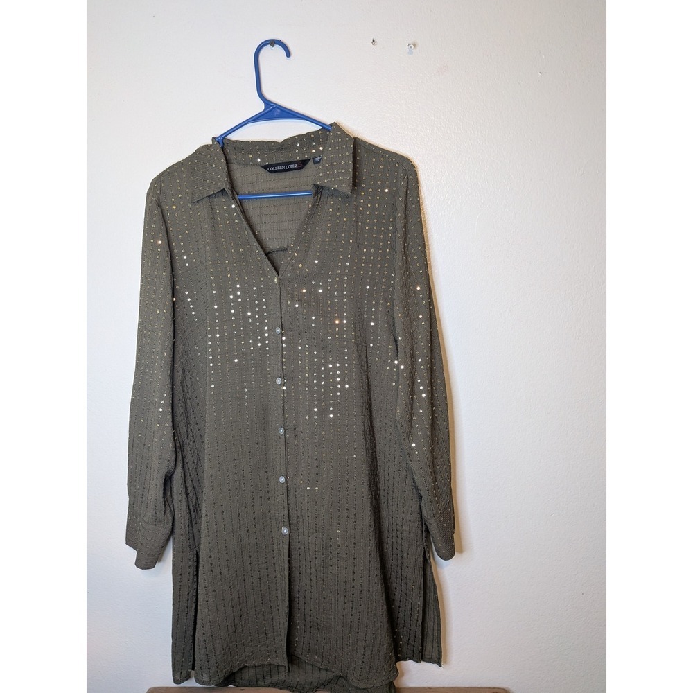 Colleen Lopez Olive Green Sequin Stripe Button Down Tunic Shirt Top Size SP
